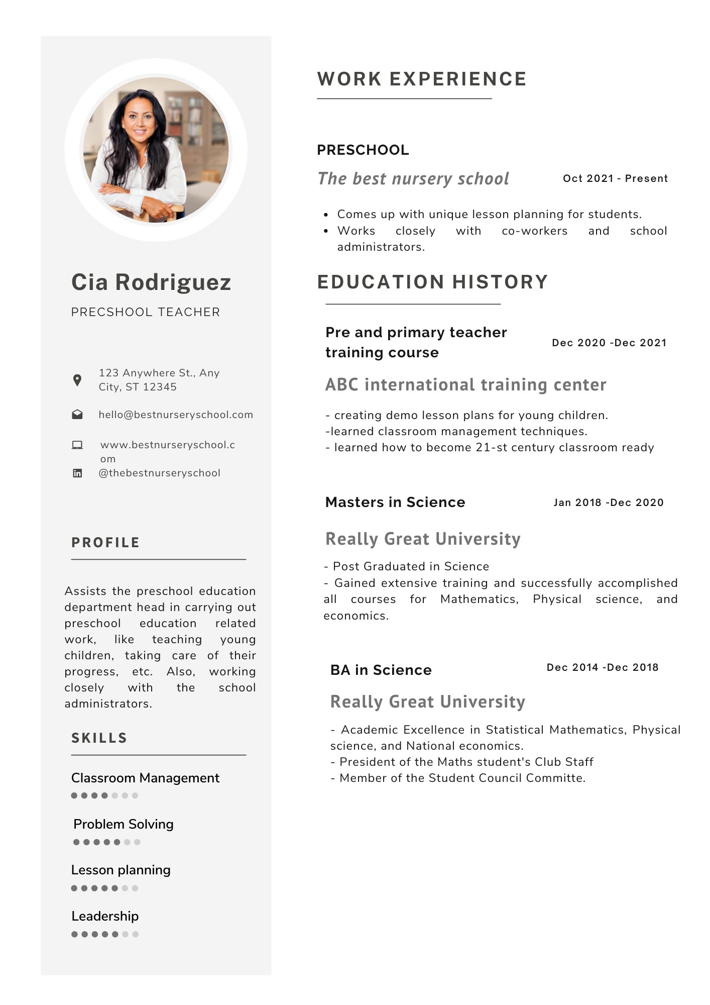 resume for montessori teacher fresher